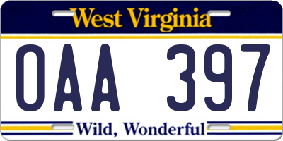 WV license plate OAA397