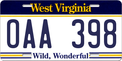 WV license plate OAA398