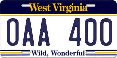 WV license plate OAA400