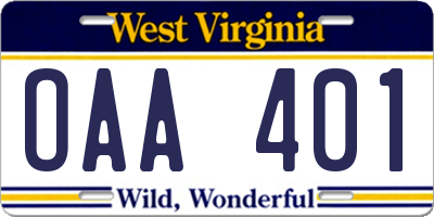 WV license plate OAA401