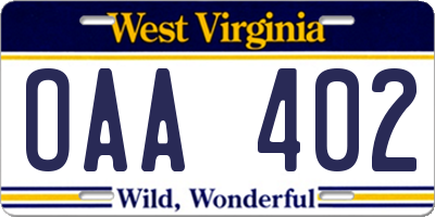 WV license plate OAA402