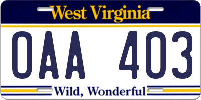 WV license plate OAA403