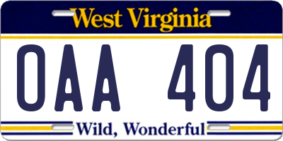 WV license plate OAA404