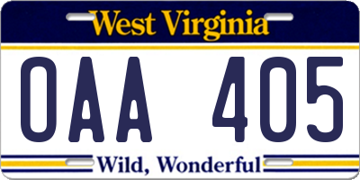 WV license plate OAA405