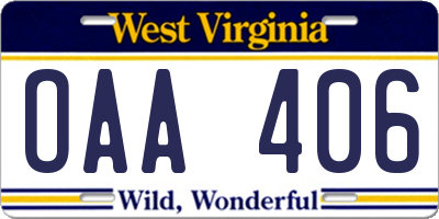WV license plate OAA406