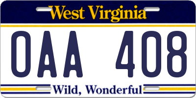 WV license plate OAA408