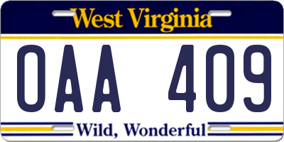 WV license plate OAA409