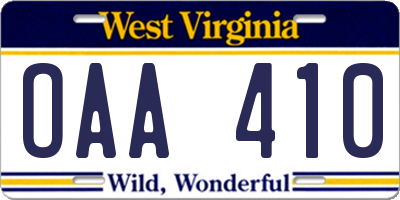 WV license plate OAA410