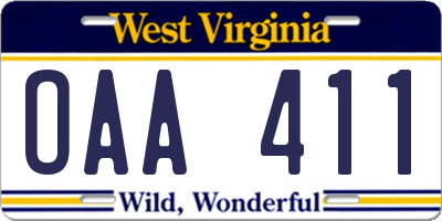 WV license plate OAA411