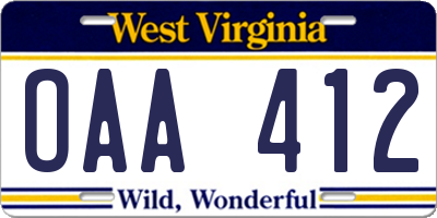 WV license plate OAA412
