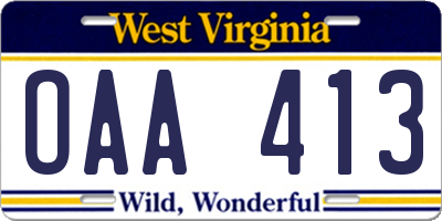 WV license plate OAA413
