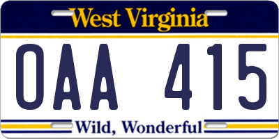 WV license plate OAA415