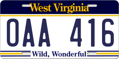 WV license plate OAA416