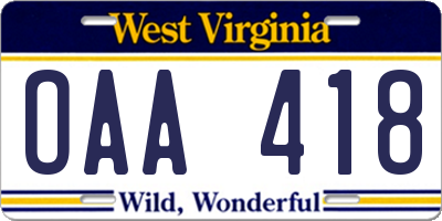 WV license plate OAA418
