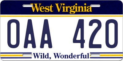 WV license plate OAA420