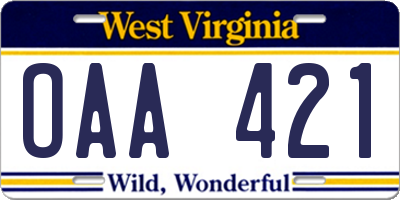 WV license plate OAA421