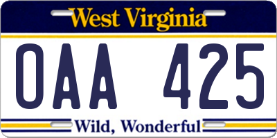 WV license plate OAA425