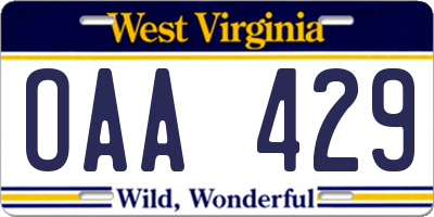 WV license plate OAA429