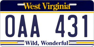 WV license plate OAA431
