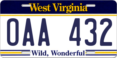 WV license plate OAA432