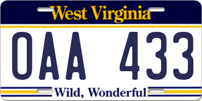 WV license plate OAA433