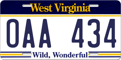 WV license plate OAA434