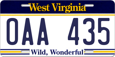 WV license plate OAA435
