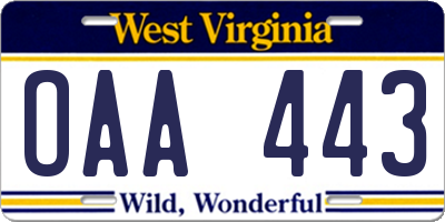 WV license plate OAA443