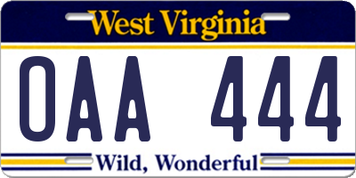 WV license plate OAA444