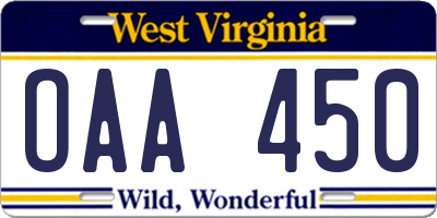 WV license plate OAA450