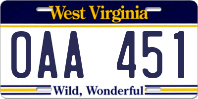 WV license plate OAA451