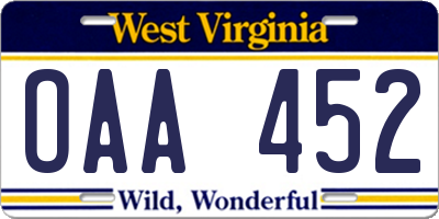 WV license plate OAA452