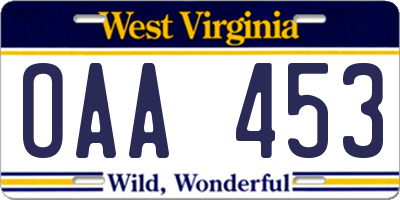 WV license plate OAA453