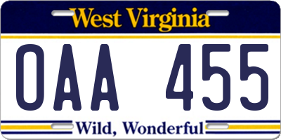 WV license plate OAA455