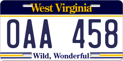 WV license plate OAA458