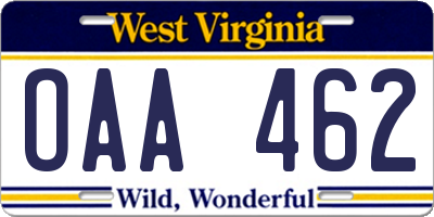 WV license plate OAA462