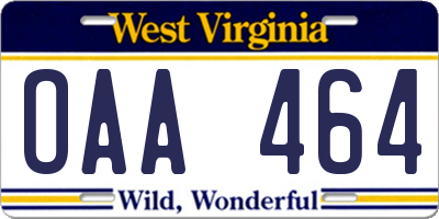 WV license plate OAA464