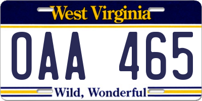 WV license plate OAA465