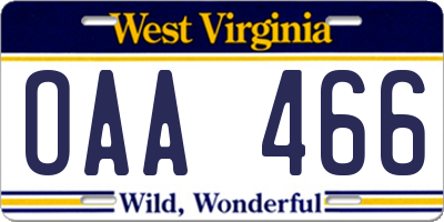 WV license plate OAA466