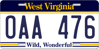 WV license plate OAA476