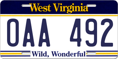 WV license plate OAA492