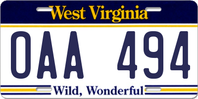 WV license plate OAA494