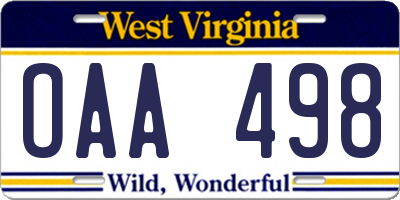 WV license plate OAA498