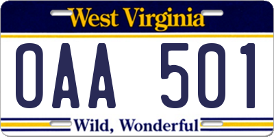 WV license plate OAA501