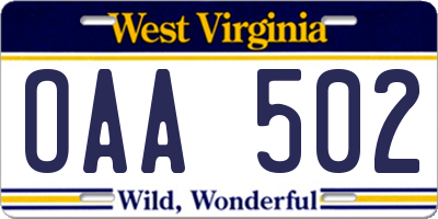WV license plate OAA502