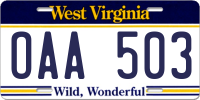 WV license plate OAA503