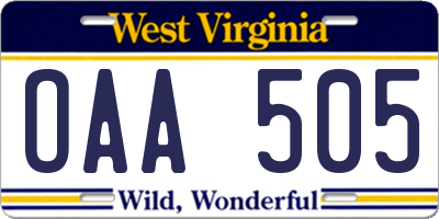 WV license plate OAA505