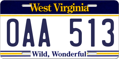WV license plate OAA513