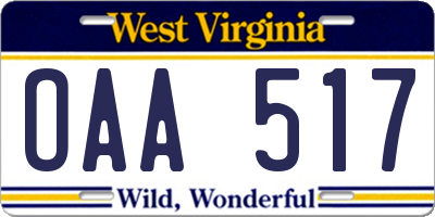 WV license plate OAA517