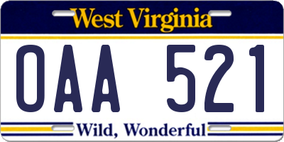 WV license plate OAA521